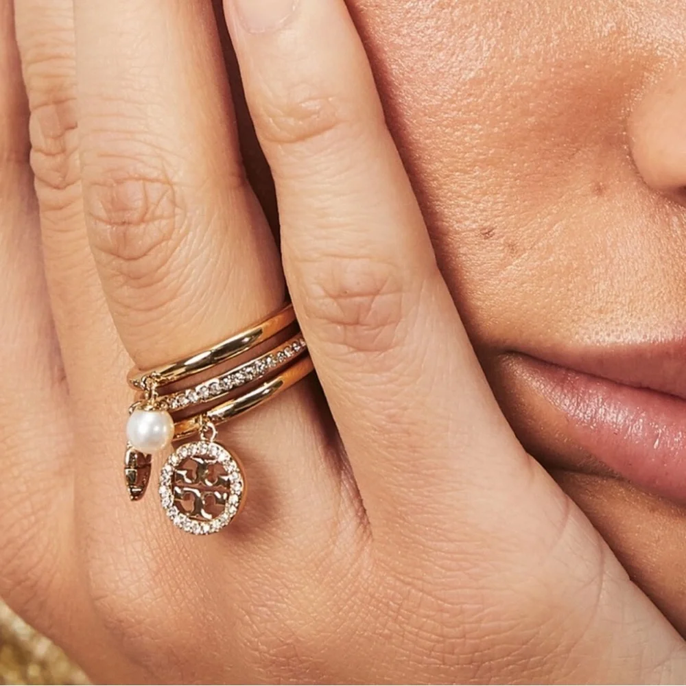 Tory Burch Miller Pave Charm Stack Ring Gold NWT $148